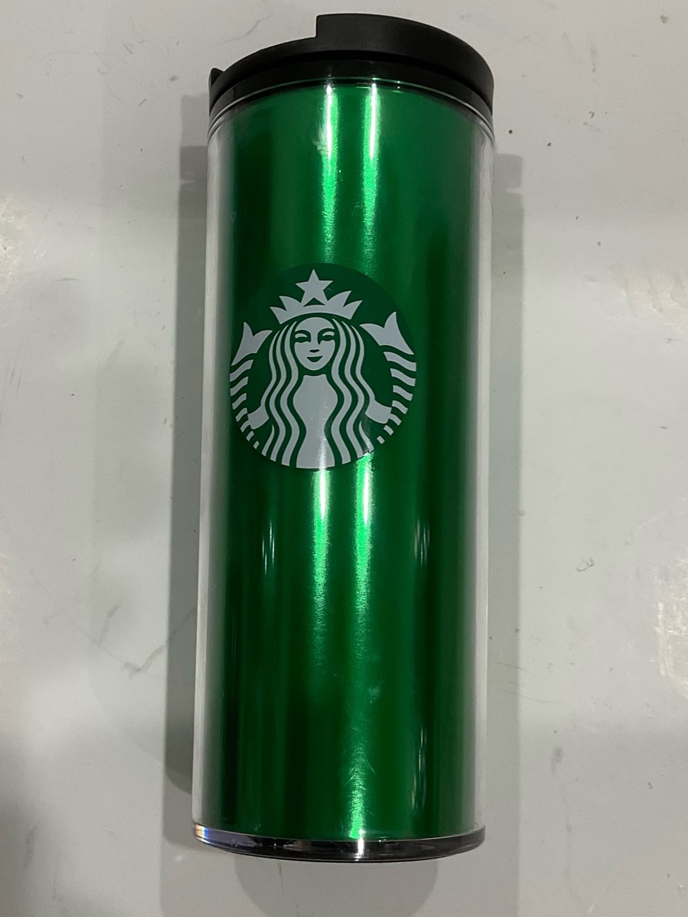 NEVER USED- STARBUCKS GREEN FOIL METALLIC INSULATED TRAVEL TIMBLER WITH LID